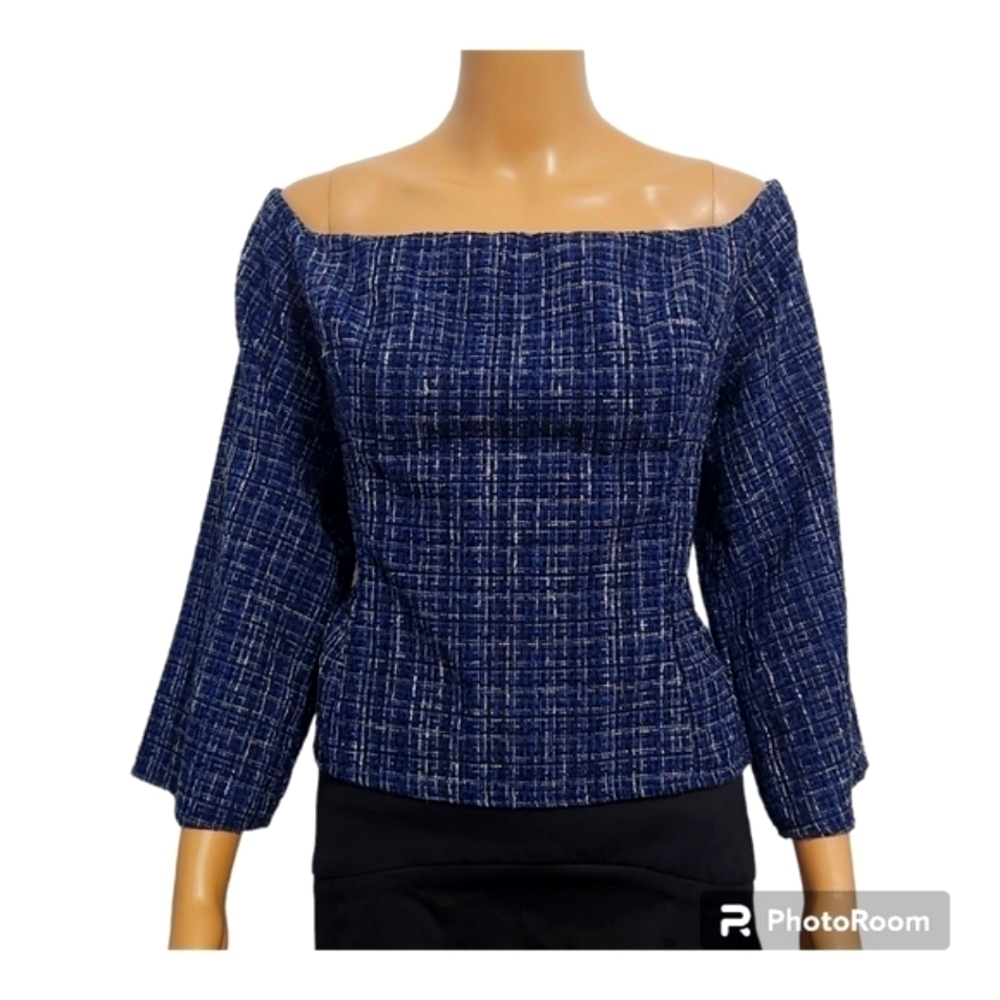 Women's Blue Tweed Textured Off The Shoulder Top Peplum Fit Size XL - Picture 3 of 11